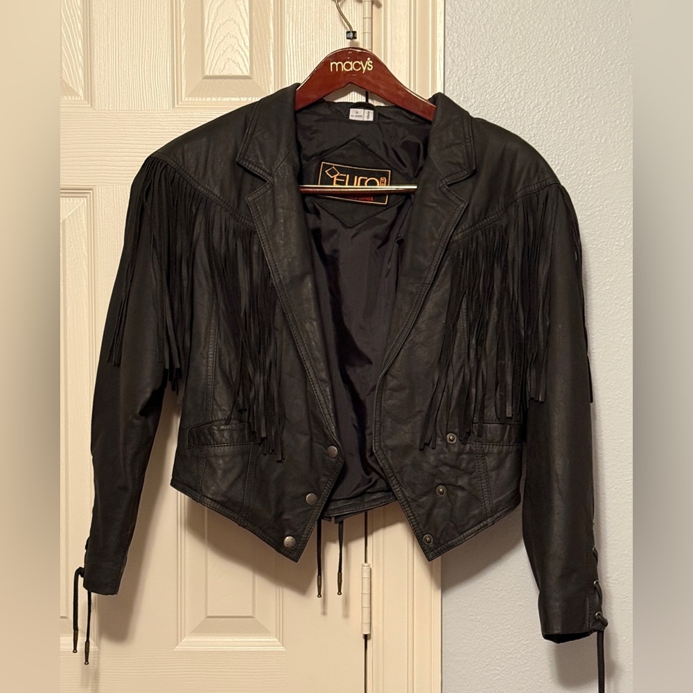 Vintage Euro Mond Leather Fringe Jacket  - SMALL Black Western Motorcycle Boho